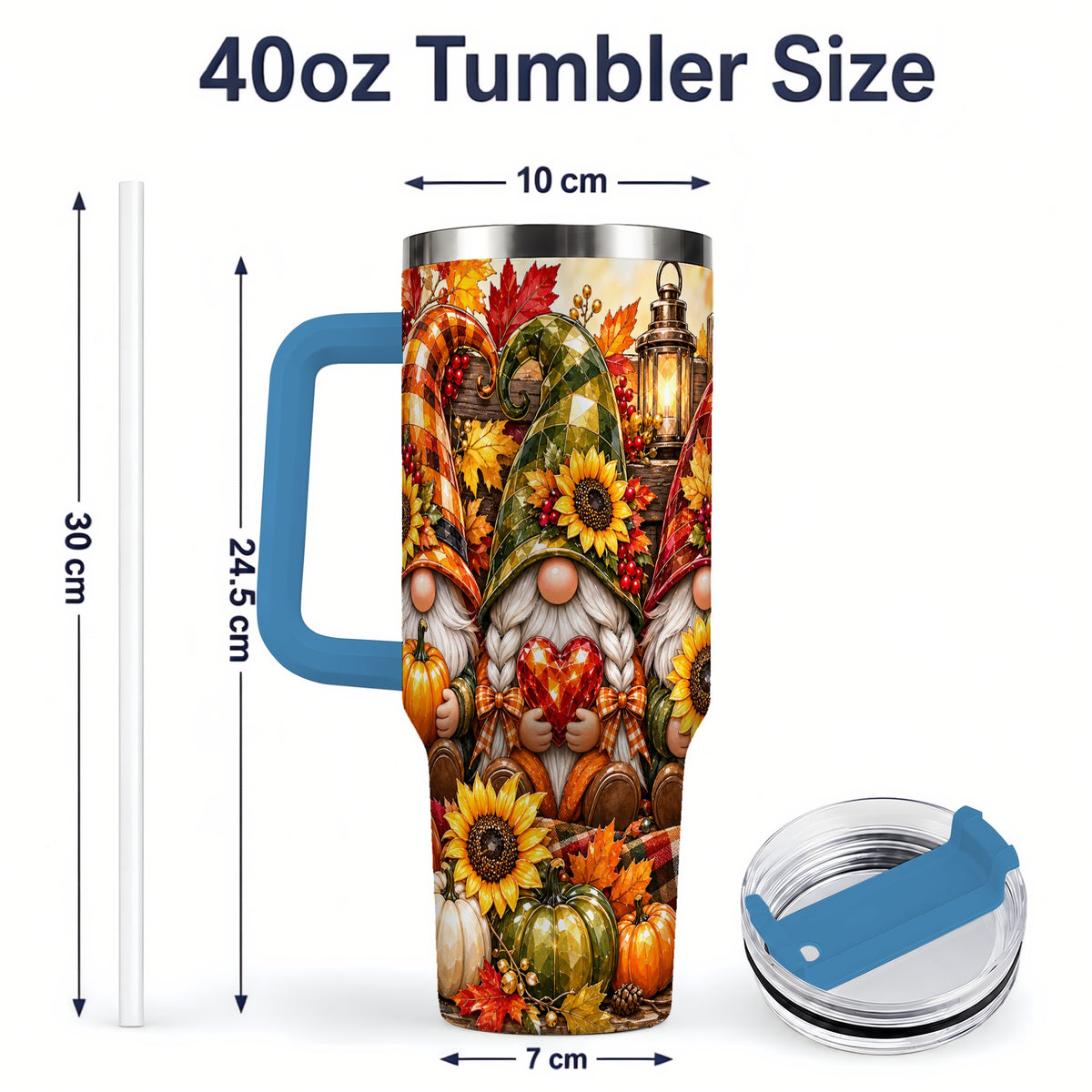 #pl[40oz|Blue] Autumn Gnome 40oz Tumbler, Pumpkin Sunflower Artwork for Gnome Lovers