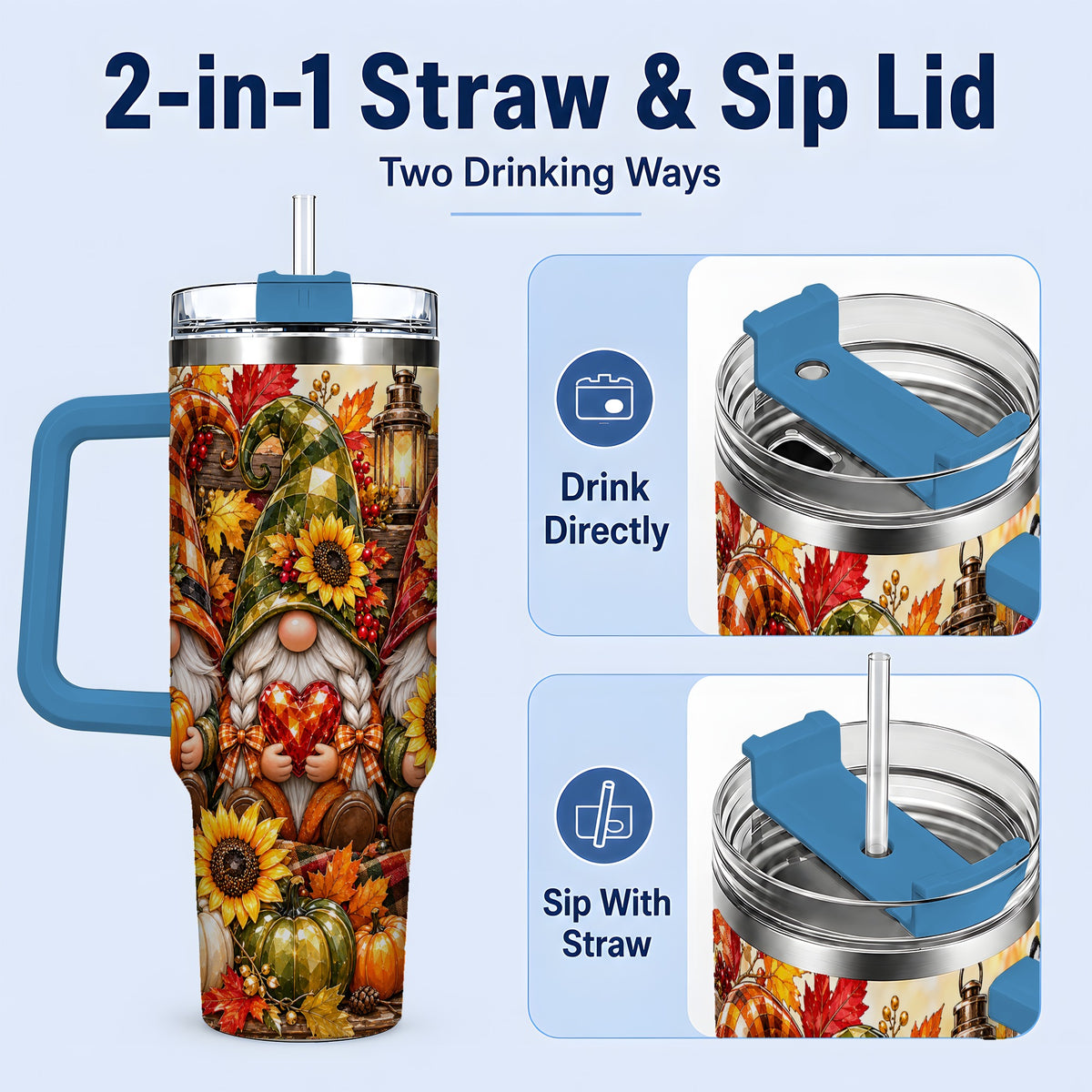 #pl[40oz|Blue] Autumn Gnome 40oz Tumbler, Pumpkin Sunflower Artwork for Gnome Lovers