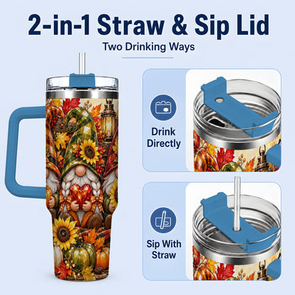 #pl[40oz|Blue] Autumn Gnome 40oz Tumbler, Pumpkin Sunflower Artwork for Gnome Lovers