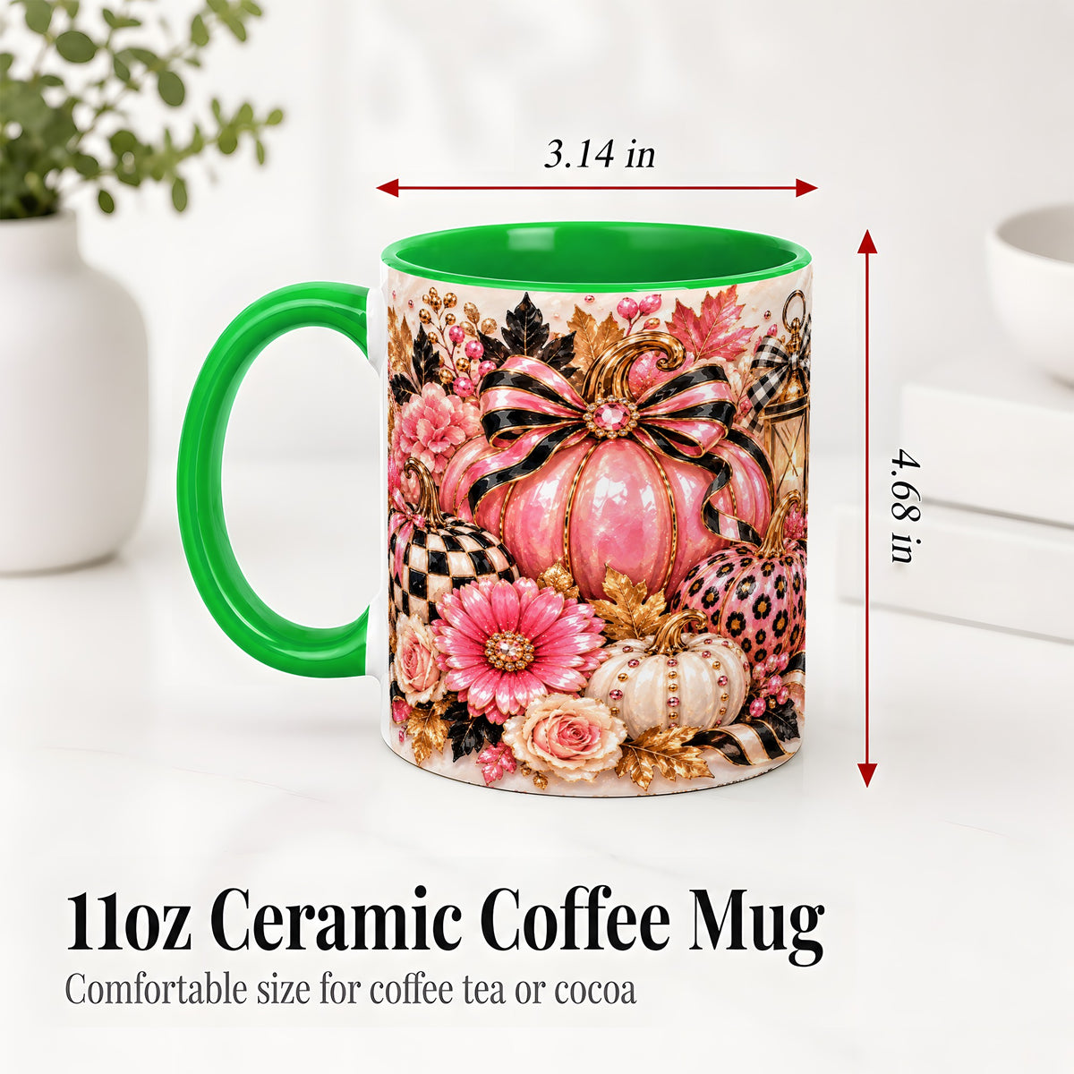 #pl[11oz|Green] Pink Pumpkin Ceramic Mug with Bow, Floral and Checkered Artwork