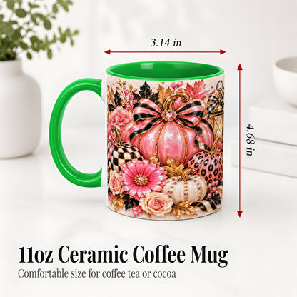 #pl[11oz|Green] Pink Pumpkin Ceramic Mug with Bow, Floral and Checkered Artwork