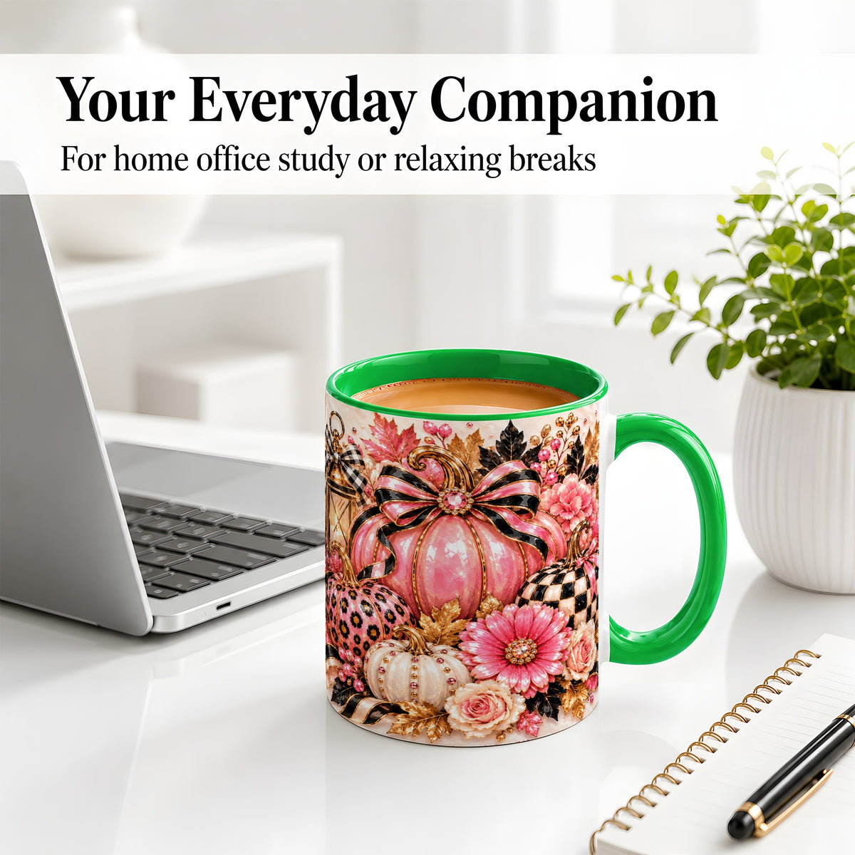 #pl[11oz|Green] Pink Pumpkin Ceramic Mug with Bow, Floral and Checkered Artwork