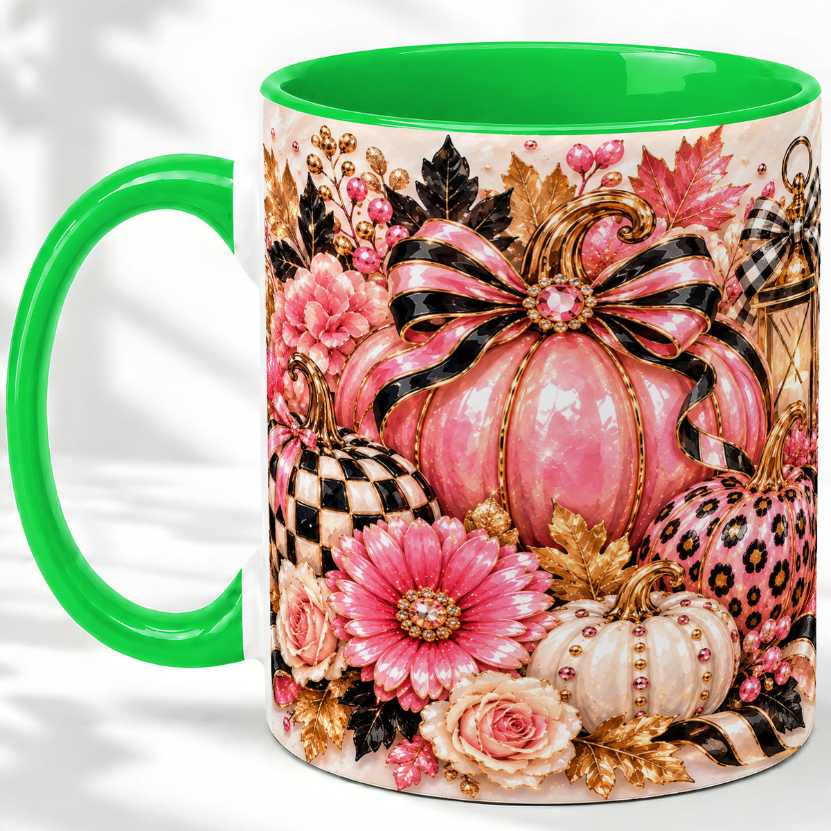 #pl[11oz|Green] Pink Pumpkin Ceramic Mug with Bow, Floral and Checkered Artwork