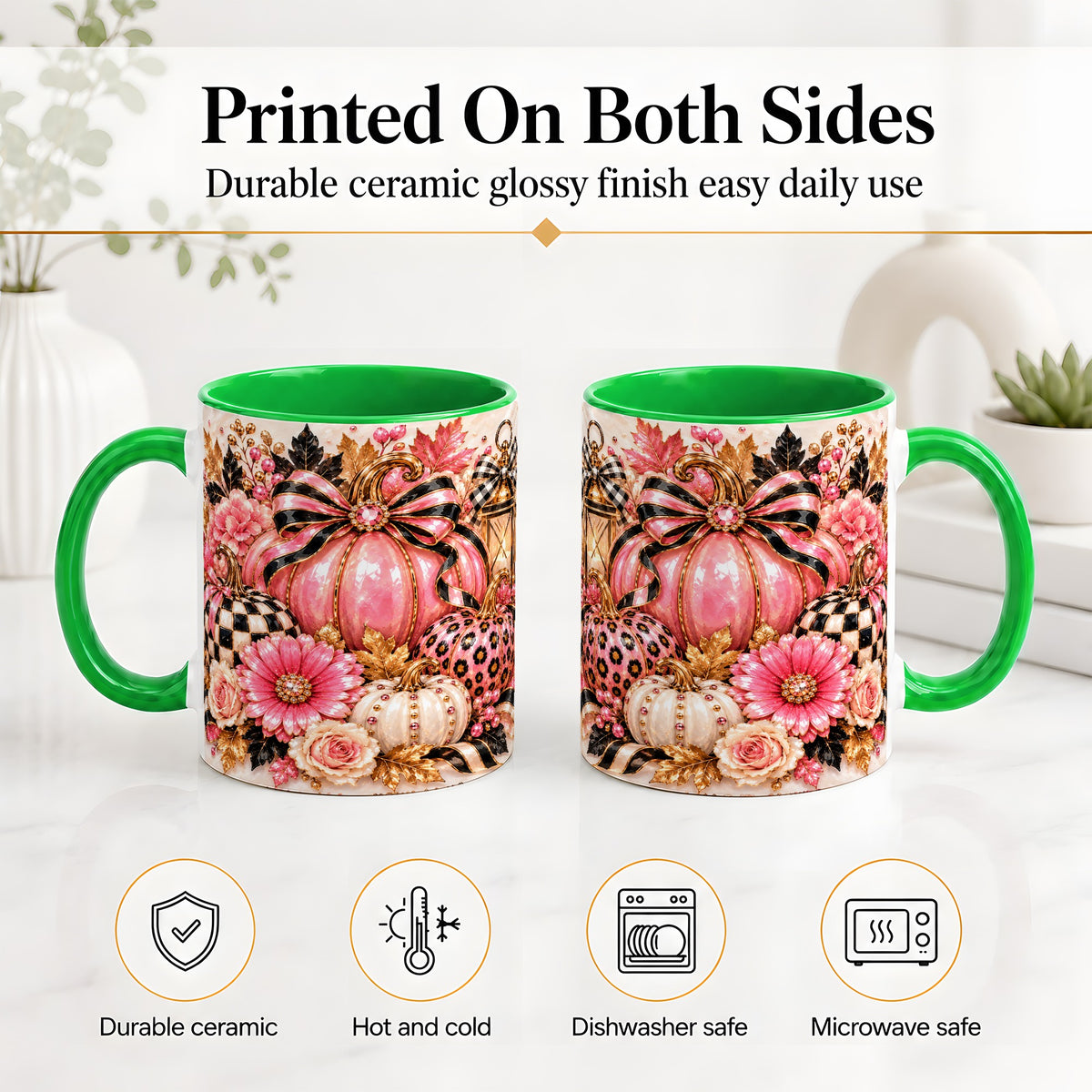 #pl[11oz|Green] Pink Pumpkin Ceramic Mug with Bow, Floral and Checkered Artwork