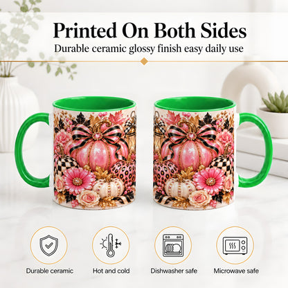 #pl[11oz|Green] Pink Pumpkin Ceramic Mug with Bow, Floral and Checkered Artwork