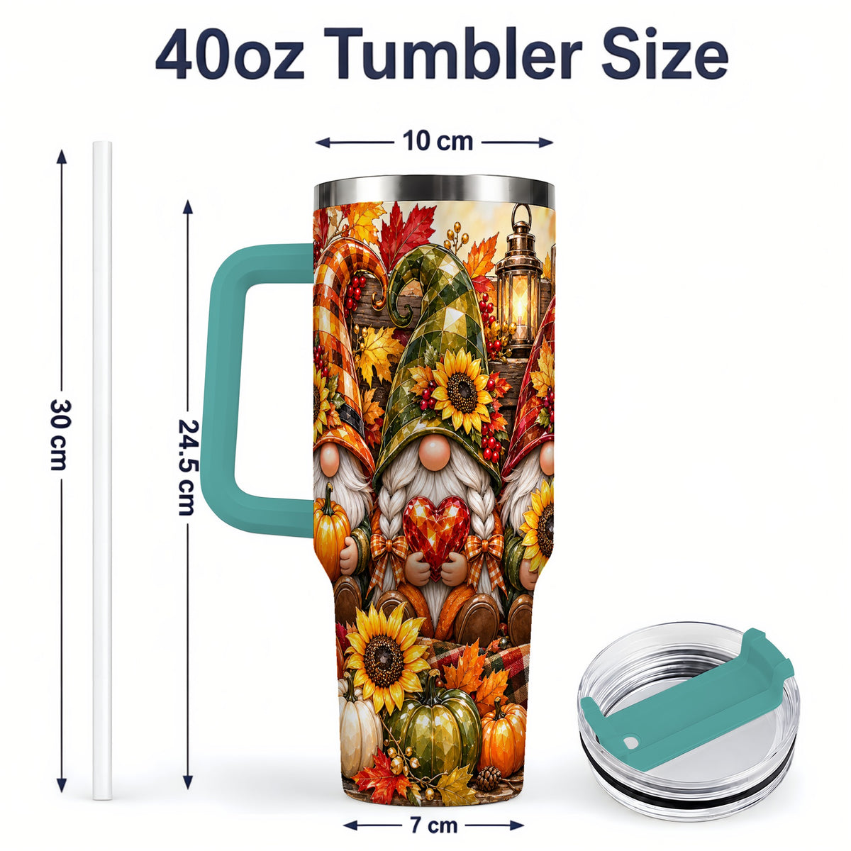 #pl[40oz|Green] Autumn Gnome 40oz Tumbler, Pumpkin Sunflower Artwork for Gnome Lovers