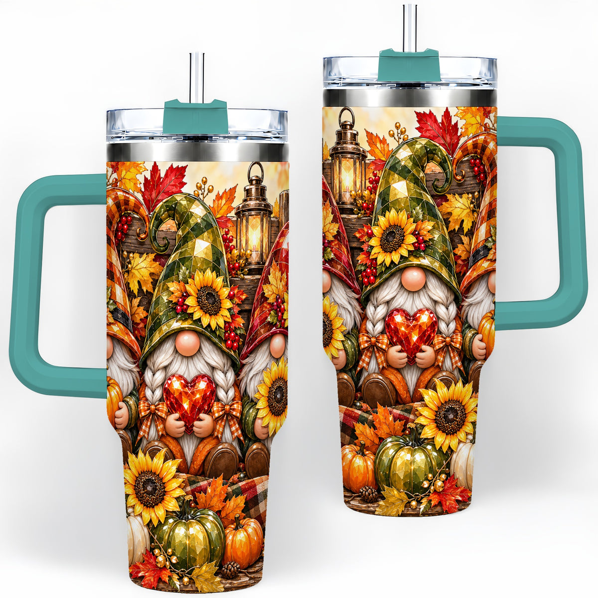 #pl[40oz|Green] Autumn Gnome 40oz Tumbler, Pumpkin Sunflower Artwork for Gnome Lovers