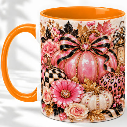 #pl[11oz|Orange] Pink Pumpkin Ceramic Mug with Bow, Floral and Checkered Artwork