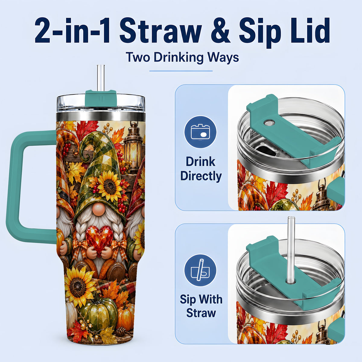 #pl[40oz|Green] Autumn Gnome 40oz Tumbler, Pumpkin Sunflower Artwork for Gnome Lovers