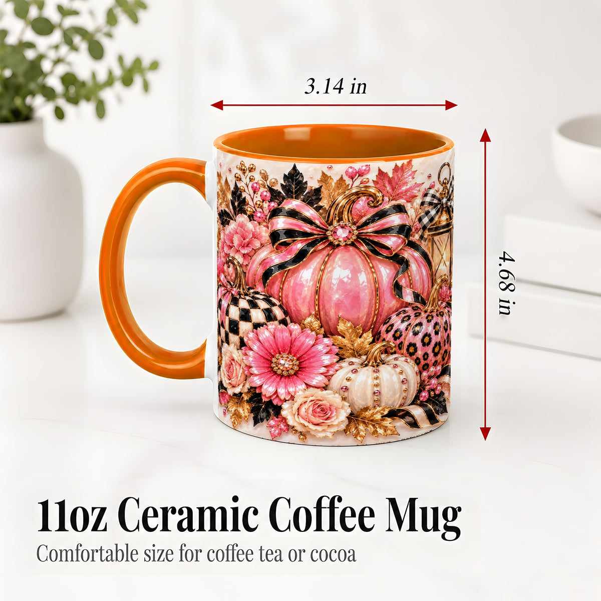 #pl[11oz|Orange] Pink Pumpkin Ceramic Mug with Bow, Floral and Checkered Artwork