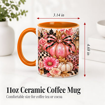 #pl[11oz|Orange] Pink Pumpkin Ceramic Mug with Bow, Floral and Checkered Artwork