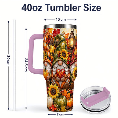 #pl[40oz|Pink] Autumn Gnome 40oz Tumbler, Pumpkin Sunflower Artwork for Gnome Lovers