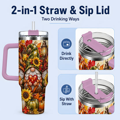 #pl[40oz|Pink] Autumn Gnome 40oz Tumbler, Pumpkin Sunflower Artwork for Gnome Lovers