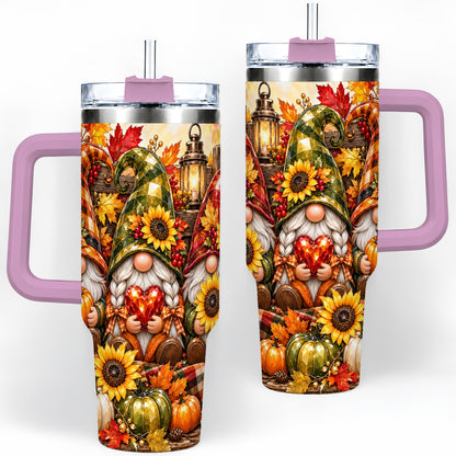 #pl[40oz|Pink] Autumn Gnome 40oz Tumbler, Pumpkin Sunflower Artwork for Gnome Lovers