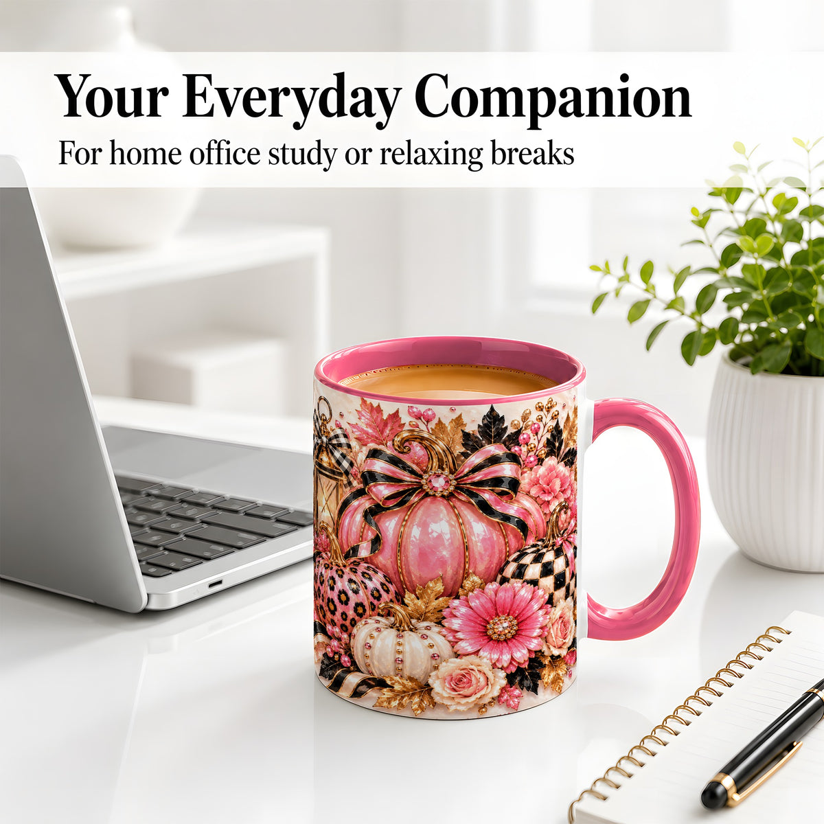 #pl[11oz|Pink] Pink Pumpkin Ceramic Mug with Bow, Floral and Checkered Artwork