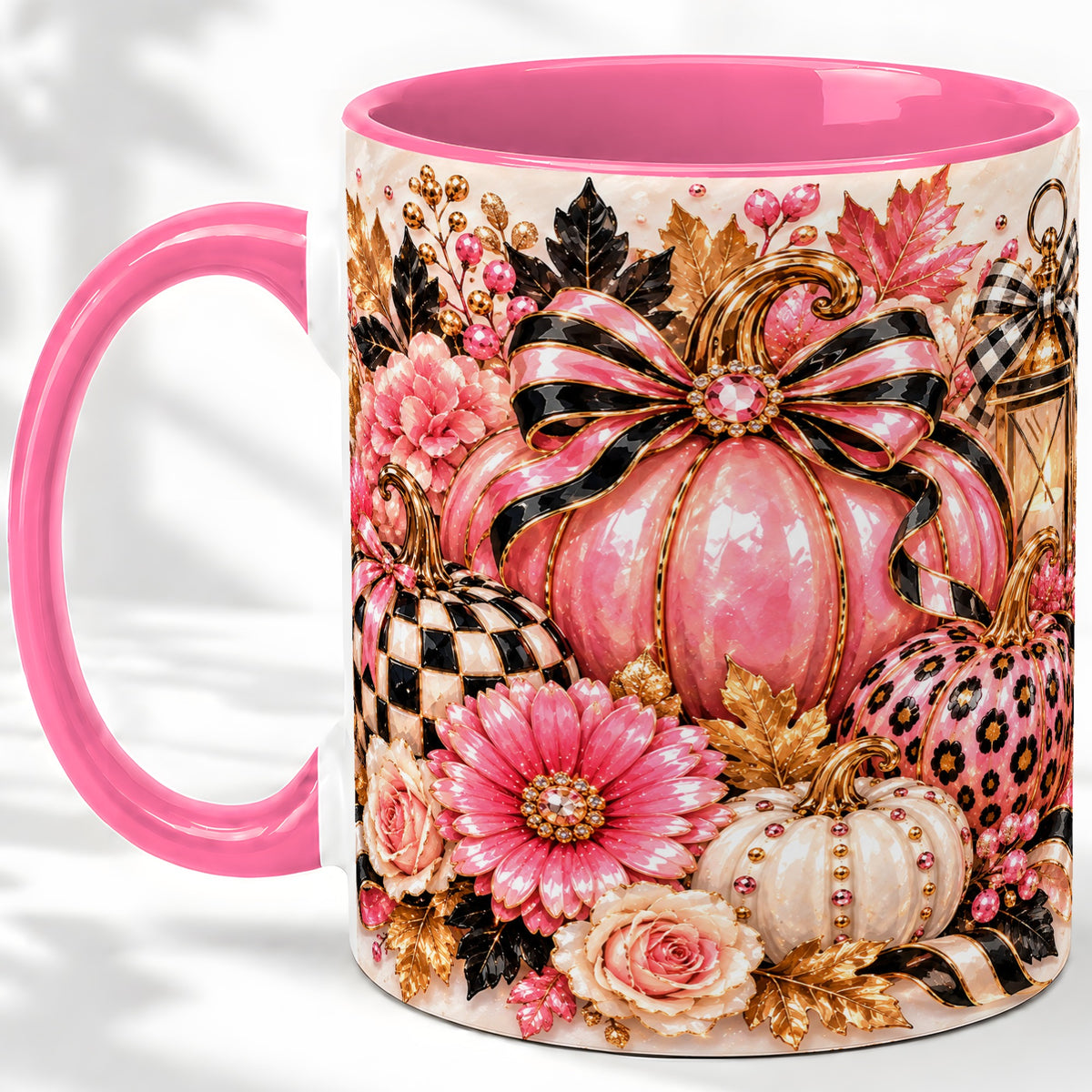 #pl[11oz|Pink] Pink Pumpkin Ceramic Mug with Bow, Floral and Checkered Artwork