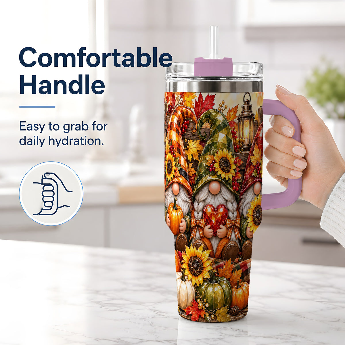 #pl[40oz|Pink] Autumn Gnome 40oz Tumbler, Pumpkin Sunflower Artwork for Gnome Lovers