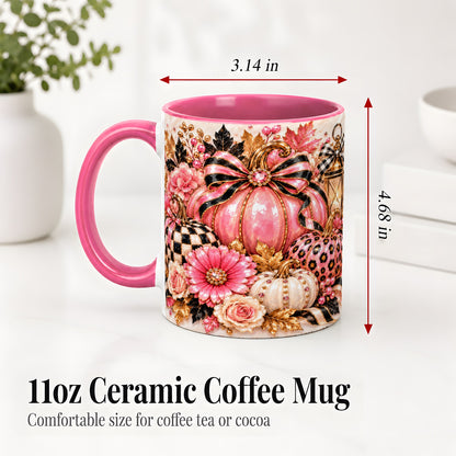 #pl[11oz|Pink] Pink Pumpkin Ceramic Mug with Bow, Floral and Checkered Artwork
