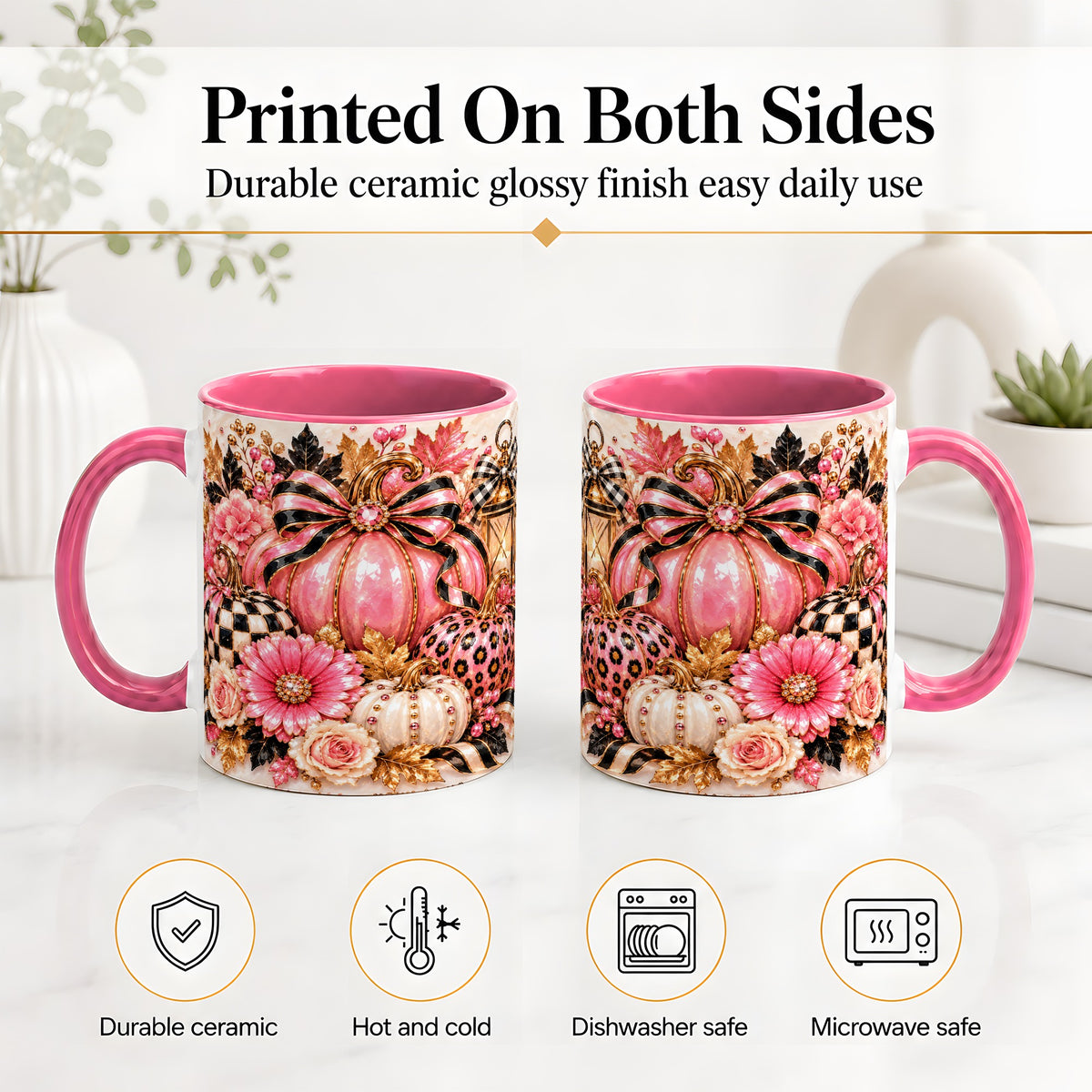 #pl[11oz|Pink] Pink Pumpkin Ceramic Mug with Bow, Floral and Checkered Artwork