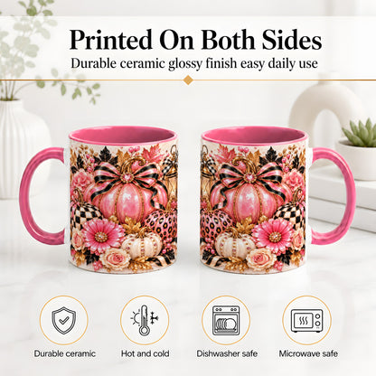 #pl[11oz|Pink] Pink Pumpkin Ceramic Mug with Bow, Floral and Checkered Artwork
