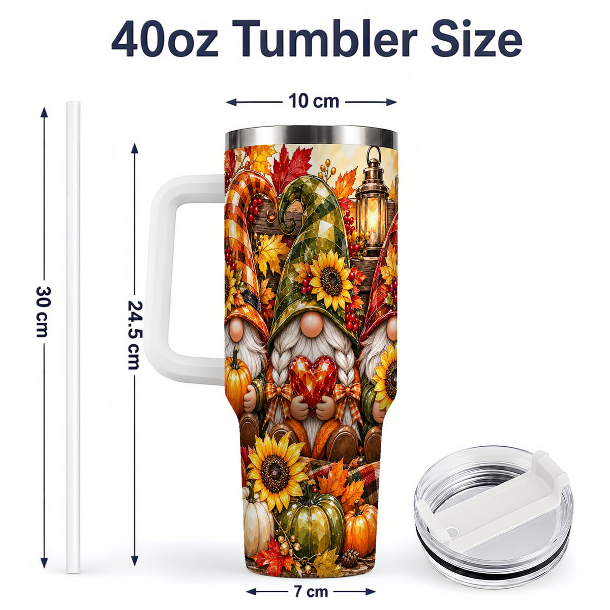 #pl[40oz|White] Autumn Gnome 40oz Tumbler, Pumpkin Sunflower Artwork for Gnome Lovers