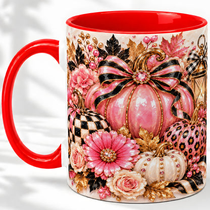 Pink Pumpkin Ceramic Mug with Bow, Floral and Checkered Artwork