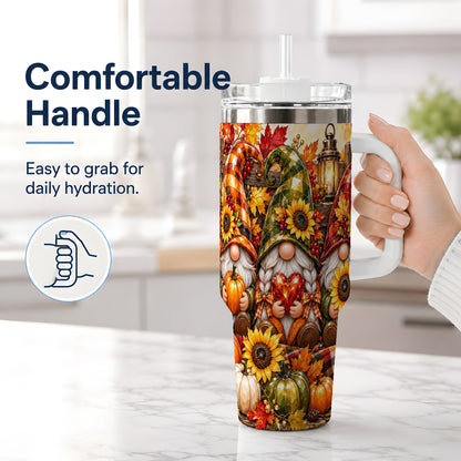 #pl[40oz|White] Autumn Gnome 40oz Tumbler, Pumpkin Sunflower Artwork for Gnome Lovers