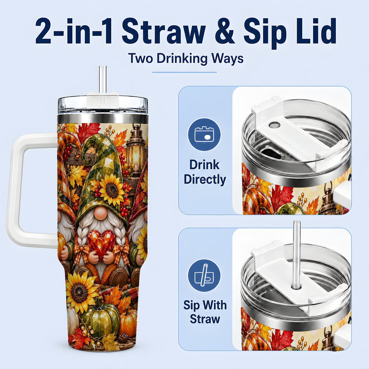 #pl[40oz|White] Autumn Gnome 40oz Tumbler, Pumpkin Sunflower Artwork for Gnome Lovers