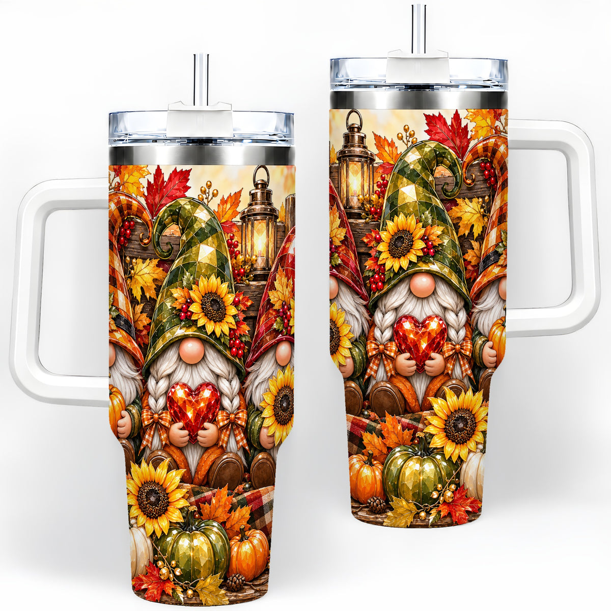 Autumn Gnome 40oz Tumbler, Pumpkin Sunflower Artwork for Gnome Lovers