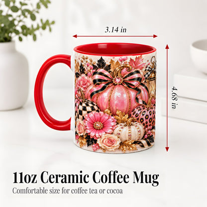 #pl[11oz|Red] Pink Pumpkin Ceramic Mug with Bow, Floral and Checkered Artwork
