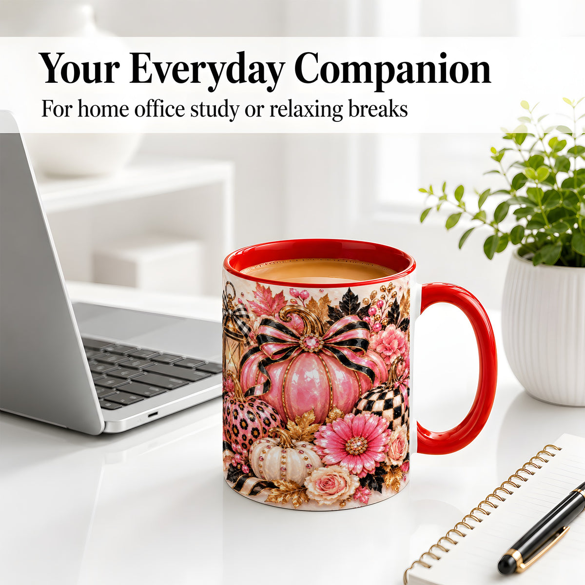 #pl[11oz|Red] Pink Pumpkin Ceramic Mug with Bow, Floral and Checkered Artwork