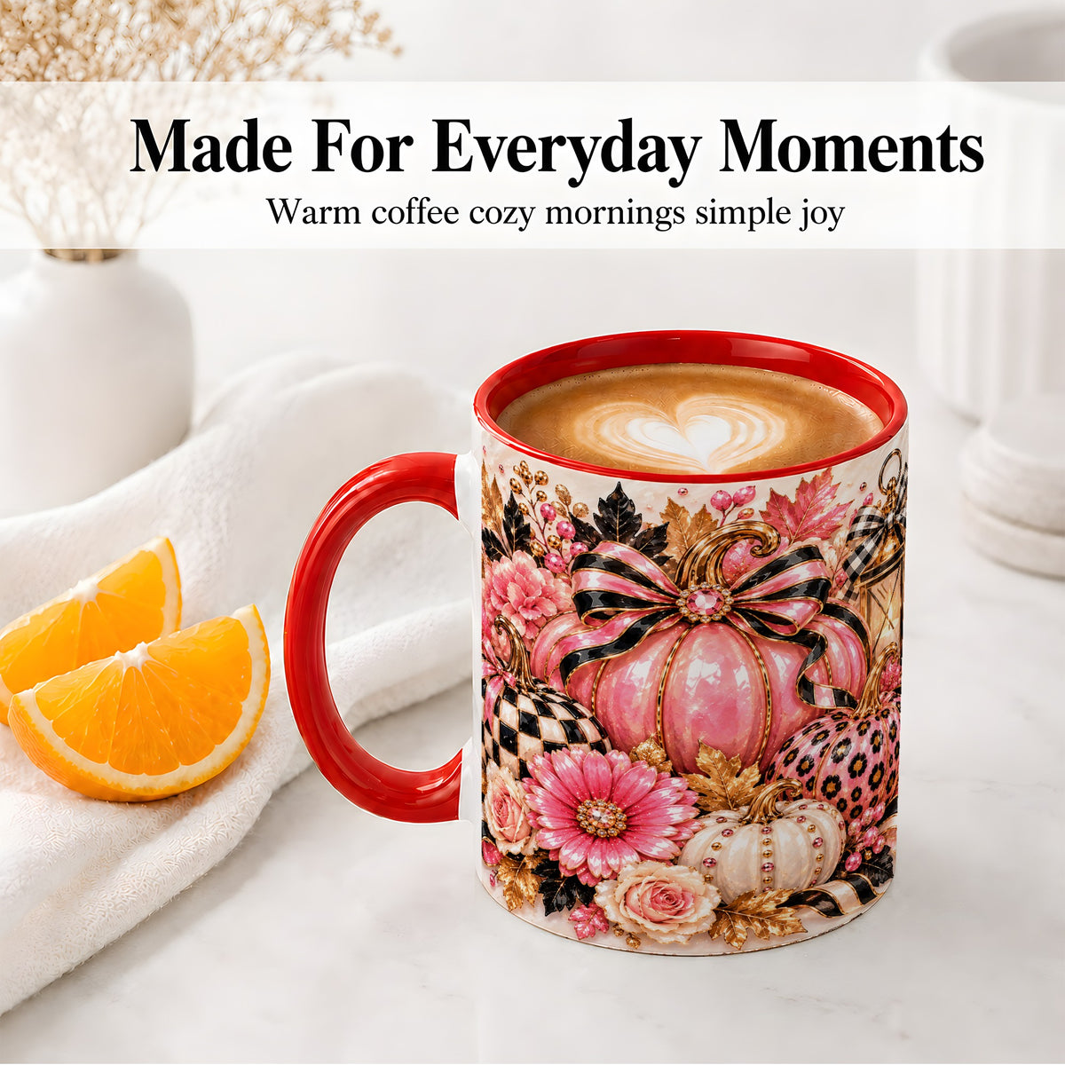 #pl[11oz|Red] Pink Pumpkin Ceramic Mug with Bow, Floral and Checkered Artwork