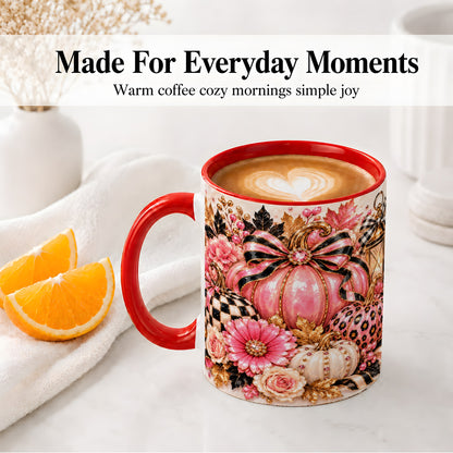 #pl[11oz|Red] Pink Pumpkin Ceramic Mug with Bow, Floral and Checkered Artwork