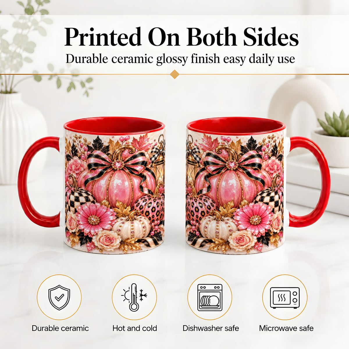 #pl[11oz|Red] Pink Pumpkin Ceramic Mug with Bow, Floral and Checkered Artwork