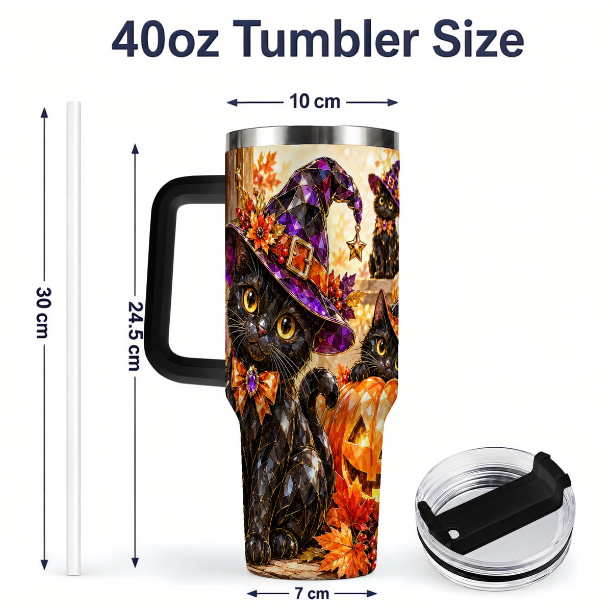 #pl[40oz|Black] Halloween Black Cat 40oz Tumbler, Witch Hat Pumpkin Artwork