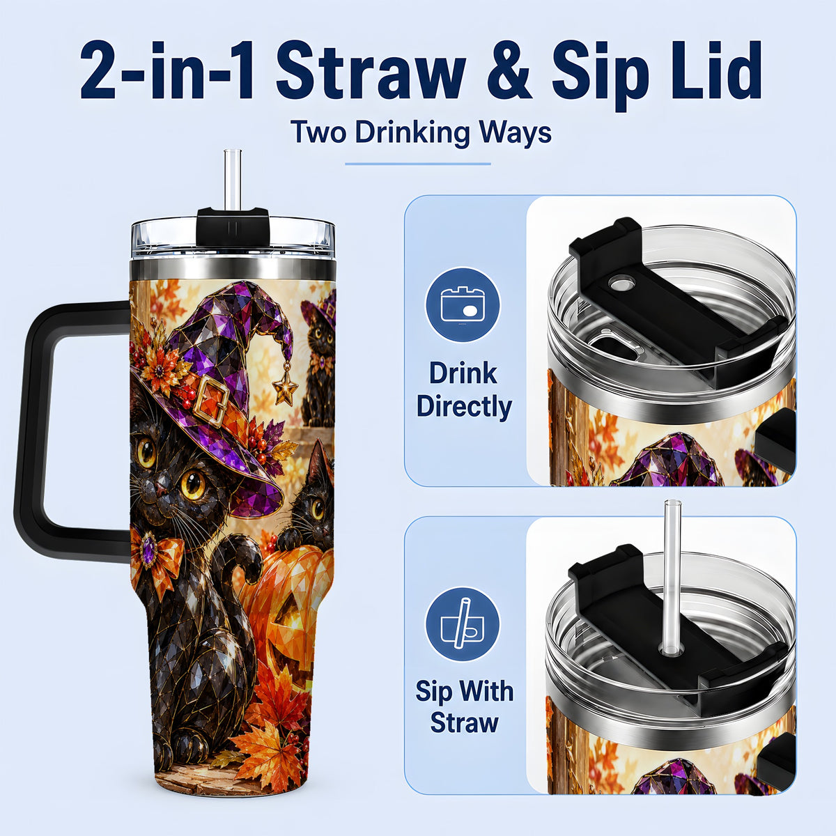#pl[40oz|Black] Halloween Black Cat 40oz Tumbler, Witch Hat Pumpkin Artwork