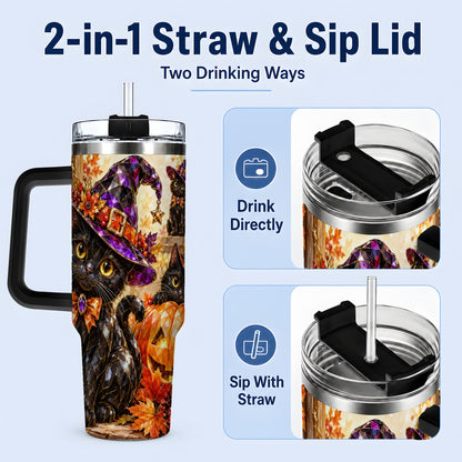 #pl[40oz|Black] Halloween Black Cat 40oz Tumbler, Witch Hat Pumpkin Artwork