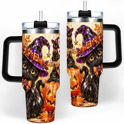 #pl[40oz|Black] Halloween Black Cat 40oz Tumbler, Witch Hat Pumpkin Artwork