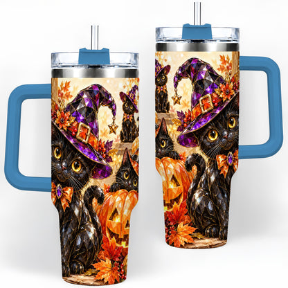 #pl[40oz|Blue] Halloween Black Cat 40oz Tumbler, Witch Hat Pumpkin Artwork