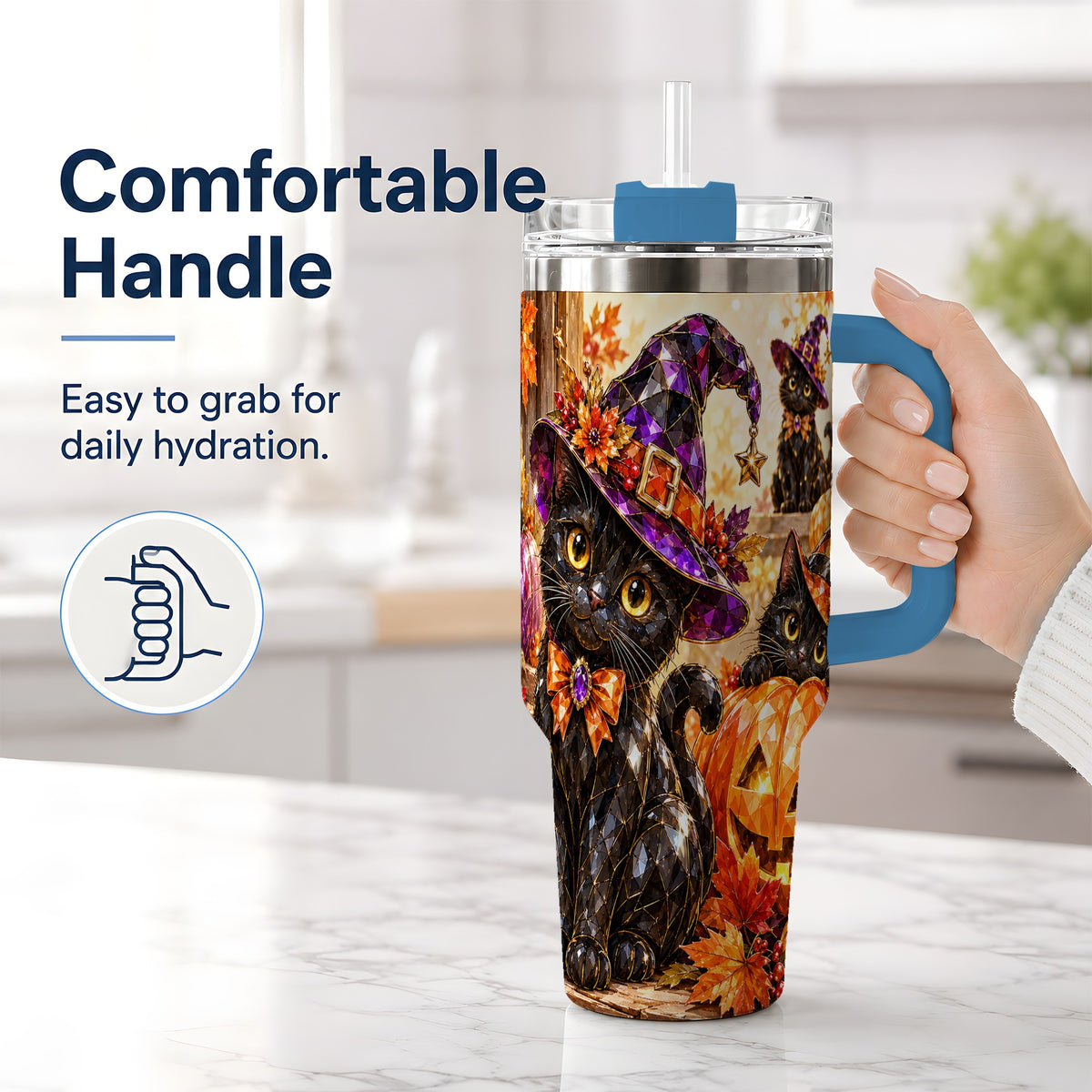 #pl[40oz|Blue] Halloween Black Cat 40oz Tumbler, Witch Hat Pumpkin Artwork