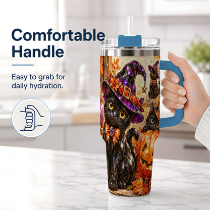 #pl[40oz|Blue] Halloween Black Cat 40oz Tumbler, Witch Hat Pumpkin Artwork