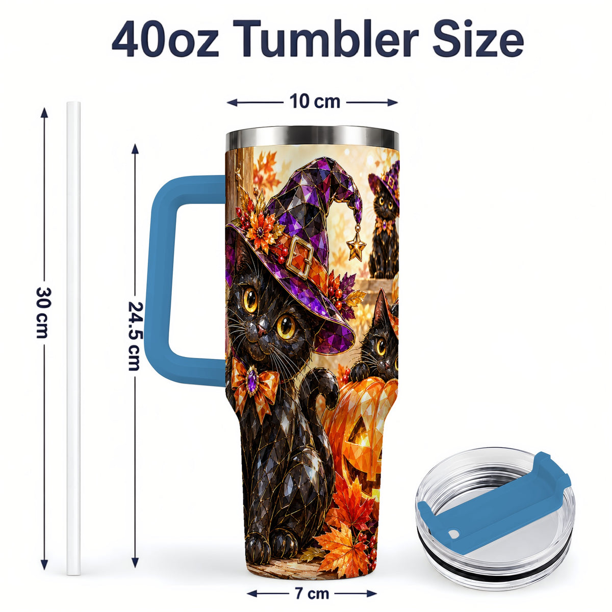 #pl[40oz|Blue] Halloween Black Cat 40oz Tumbler, Witch Hat Pumpkin Artwork