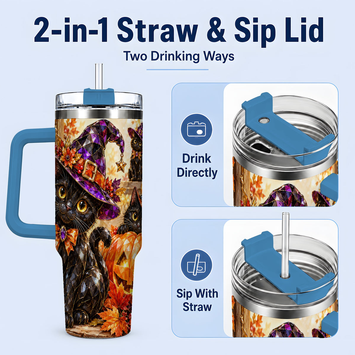 #pl[40oz|Blue] Halloween Black Cat 40oz Tumbler, Witch Hat Pumpkin Artwork