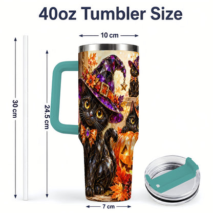 #pl[40oz|Green] Halloween Black Cat 40oz Tumbler, Witch Hat Pumpkin Artwork