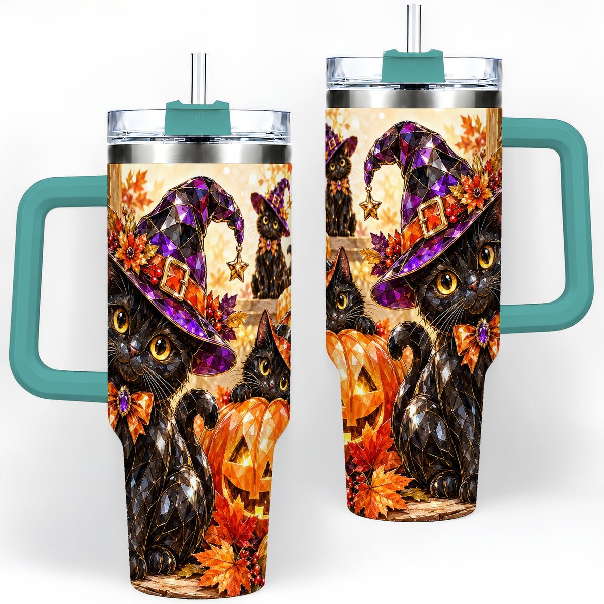 #pl[40oz|Green] Halloween Black Cat 40oz Tumbler, Witch Hat Pumpkin Artwork