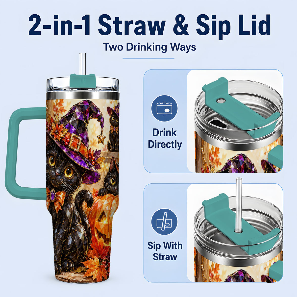 #pl[40oz|Green] Halloween Black Cat 40oz Tumbler, Witch Hat Pumpkin Artwork