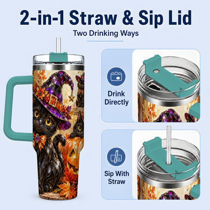#pl[40oz|Green] Halloween Black Cat 40oz Tumbler, Witch Hat Pumpkin Artwork
