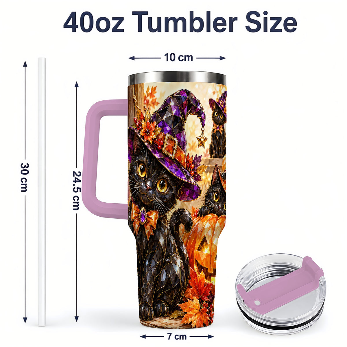 #pl[40oz|Pink] Halloween Black Cat 40oz Tumbler, Witch Hat Pumpkin Artwork