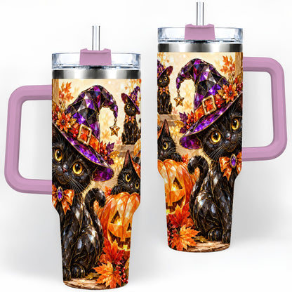 #pl[40oz|Pink] Halloween Black Cat 40oz Tumbler, Witch Hat Pumpkin Artwork