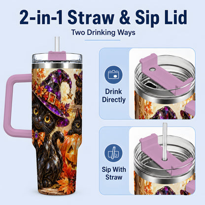 #pl[40oz|Pink] Halloween Black Cat 40oz Tumbler, Witch Hat Pumpkin Artwork